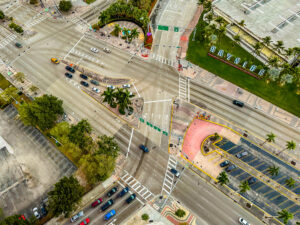 Aerial view of Biscayne Boulevard traffic lanes at Miami Port, Bayside, close up, Florida, USA