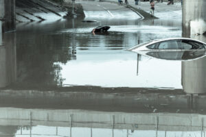 Unidentified people witness swamped car by flood water near downtown Houston, Texas.