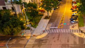 Pedestrian walking through a crosswalk in downtown St. Petersburg