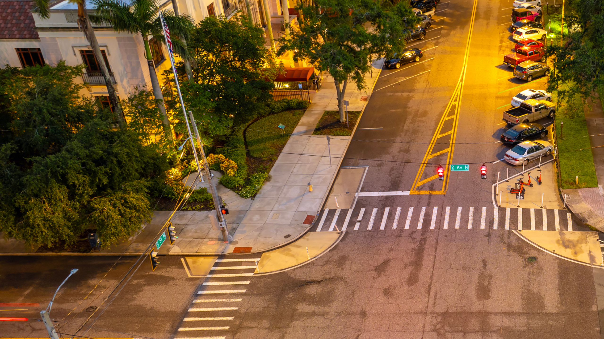 Pedestrian walking through a crosswalk in downtown St. Petersburg